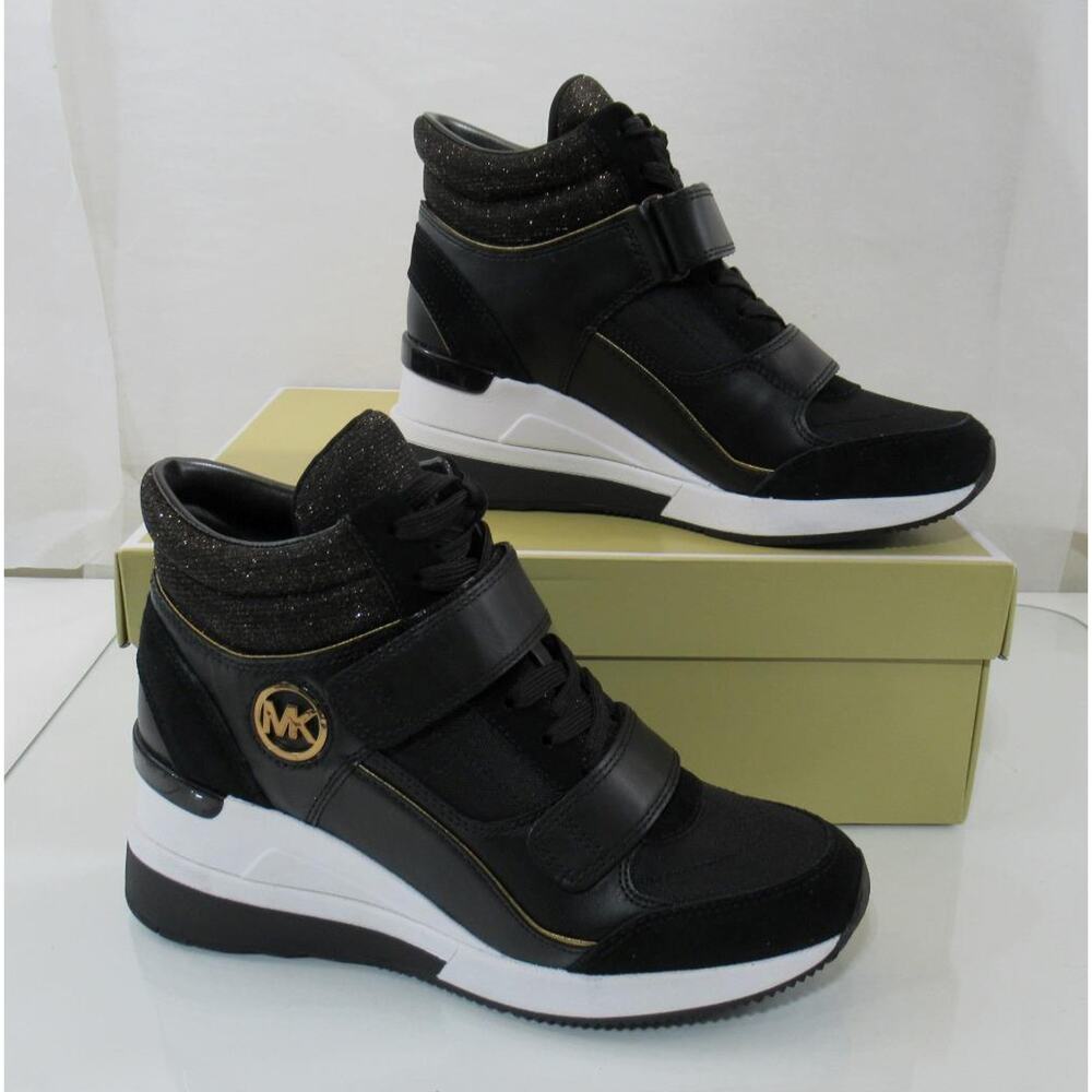 Michael Kors Gentry High Top Wedge Trainer Sneakers MK Logo Black Bronze Size 9 - Picture 3 of 7